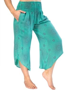 Paradise Island Piyoga Teal Printed Harem Smocked-Waist Wide Leg Capris 0-12